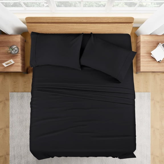 SNDecor Full Size Pima Cotton Sheet Set, 4-Piece Bedding Set, 1000 Series Soft & Breathable Sheets, Fits 18-24" Deep Pocket (Black, Solid)