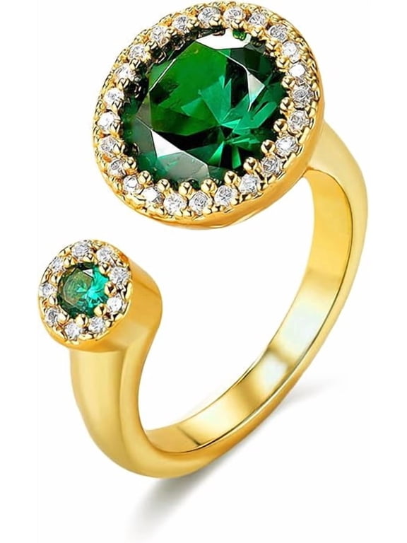 18K Gold Plated Adjustable Open Ring with Green Stone and CZ Halo for Women