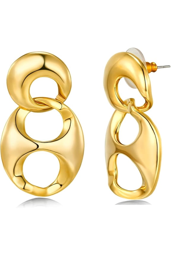 18K Gold Plated Double Interlock Statement Drop Earrings for Women, Large Oval Disc Design