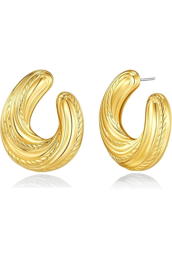 18K Gold Plated Horseshoe Hoop Earrings for Women, Textured Ribbed Statement Style