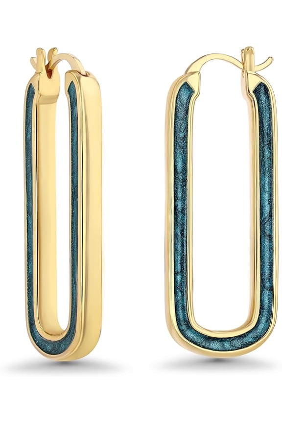18K Gold Plated Long Oval Hoop Earrings with Green Teal Enamel for Women