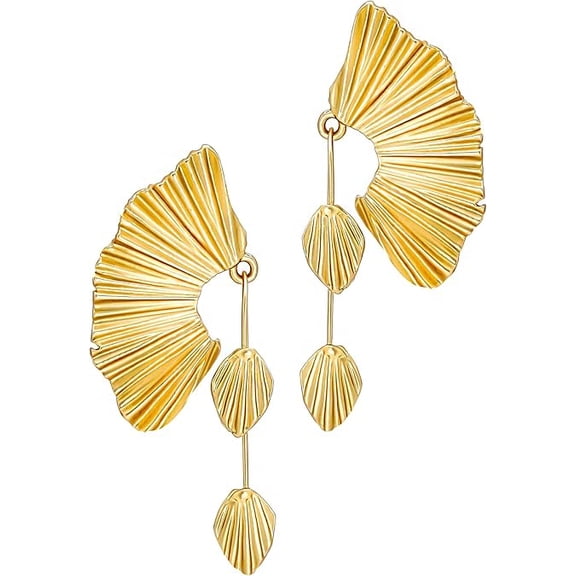 SNGIA 18K Gold Plated Statement Dangle Earrings for Women, Fan Leaf Design, Gold Tone