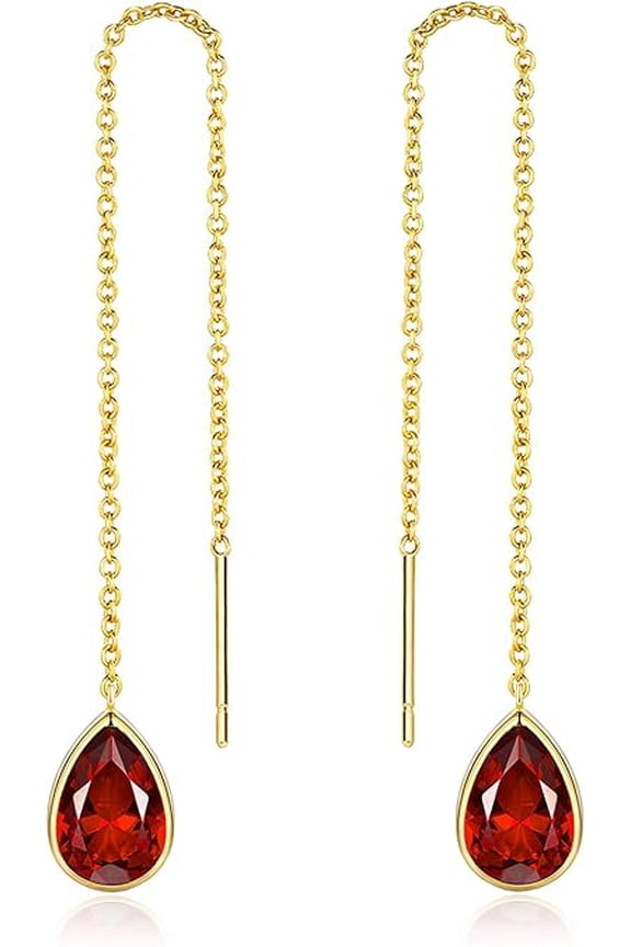 18K Gold Plated Threader Dangle Earrings for Women with Ruby Teardrop Stone