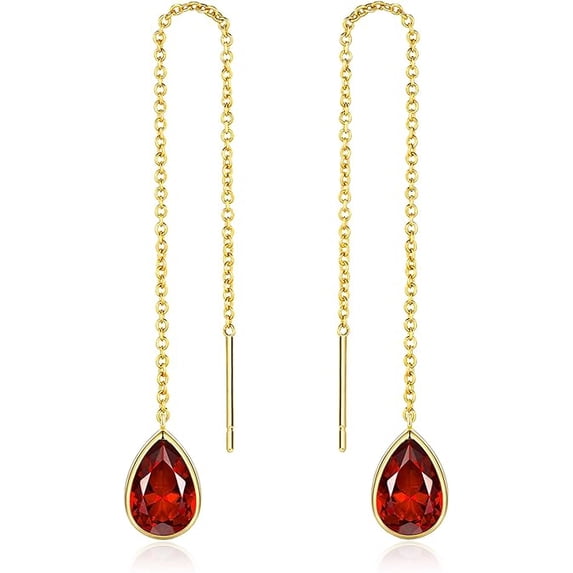 SNGIA 18K Gold Plated Threader Dangle Earrings for Women with Ruby Teardrop Stone