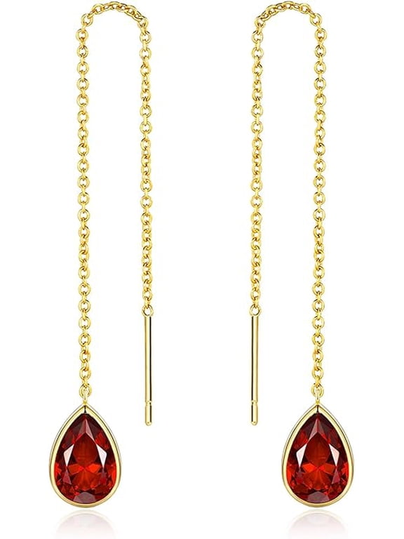 18K Gold Plated Threader Dangle Earrings for Women with Ruby Teardrop Stone