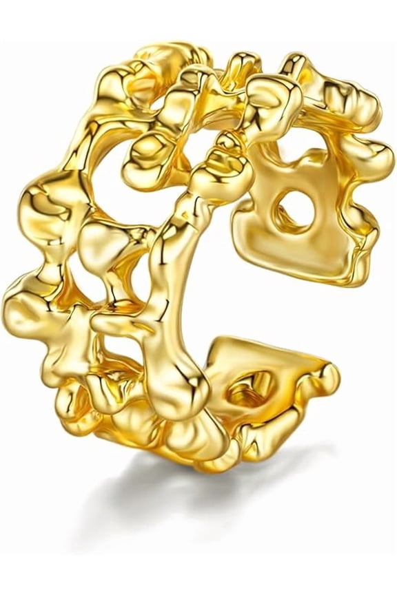 Gold Adjustable Open Ring for Women, Chunky Irregular Textured Shell Style Statement Ring