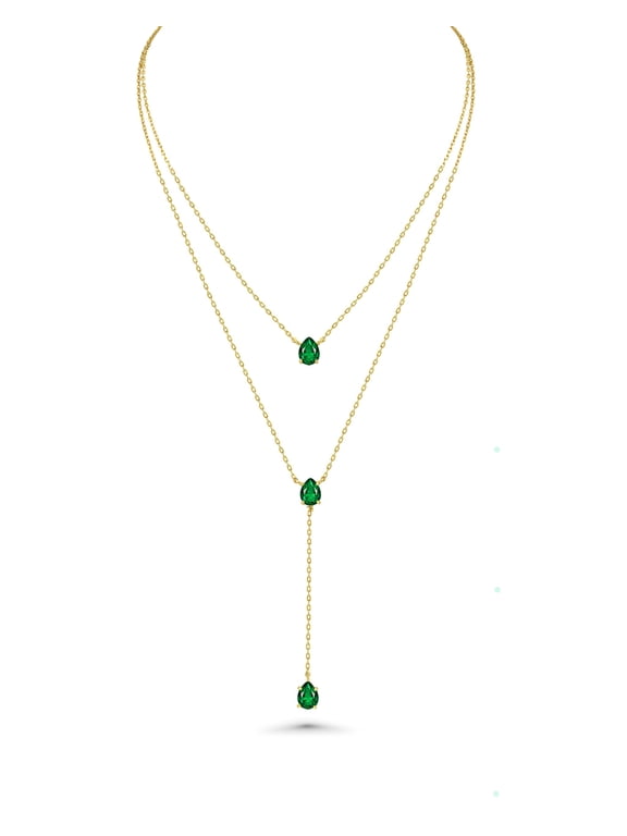 Women's 18K Gold Plated Layered Y Necklace with Emerald Teardrop Pendant