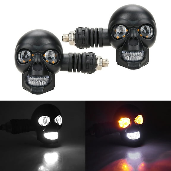 SNGMN 2Pcs Skull Style LED Turn Signal Lights for Motorcycles Dual Mode Daytime Running and Amber Turn Indicators Waterproof Shockproof Universal 12V Fit for Chopper Street Bike Scooter E-Bike
