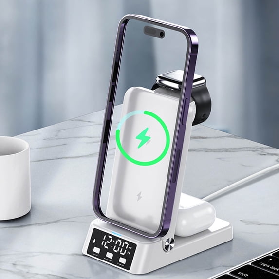 SNGMN 3 in 1 Wireless Charger, 15W Fast Charging Station with Alarm Clock and Night Light, Mobile Phone Charging Stand