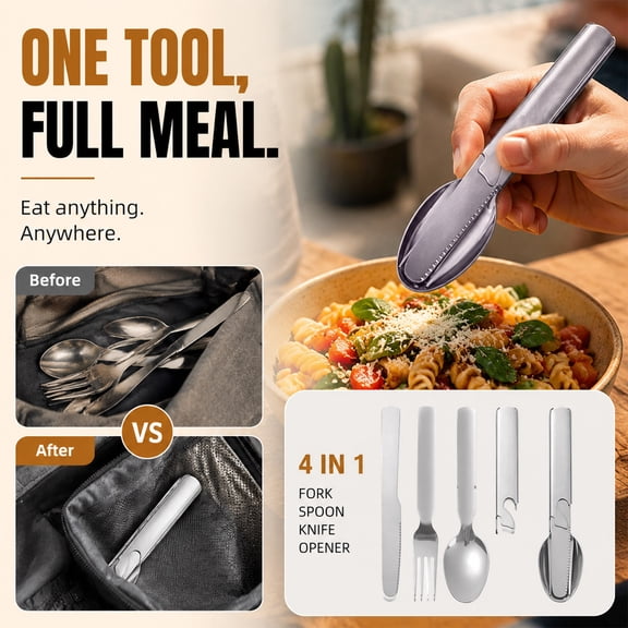 SNGMN 4-in-1 Stainless Steel Portable Cutlery Set with Built-in Bottle Opener - Compact Utensils for Camping, Hiking, Picnics, and Everyday Use