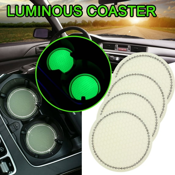 SNGMN 4PCS Fluorescent Crystal Rhinestone Car Cup Coasters - 2.75" Diameter Bling Cup Holders for Car & Home, Glow in Dark, Rustproof Copper Chain