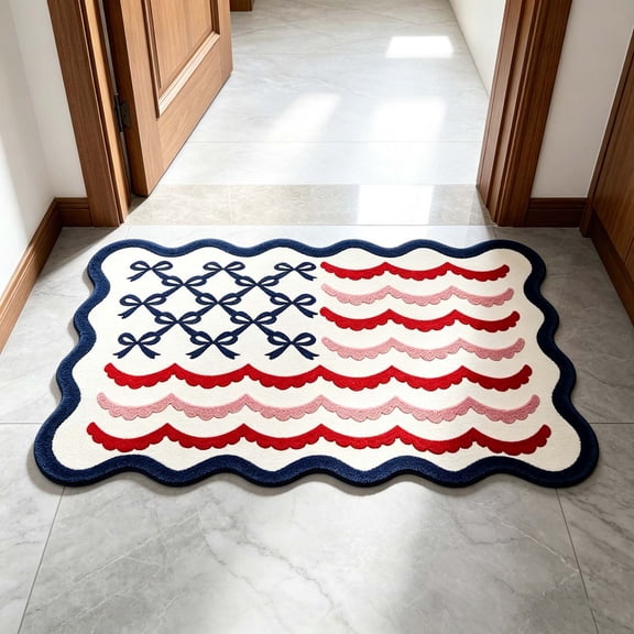 SNGMN Cute Patriotic Bow Flag Doormat Decorative Wavy Entrance Carpet for Home Decor
