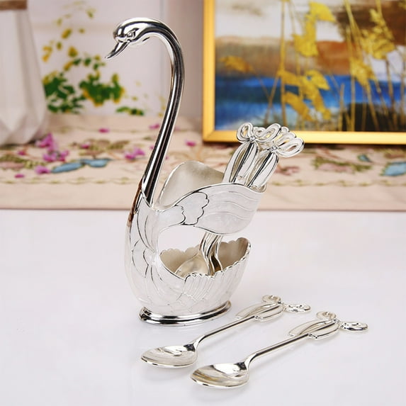 SNGMN Exquisite Gold and White Spoon Set with Base - 1 Base and 6 Spoons, Durable Metal Tableware, Perfect for Home Decor and Gift Giving