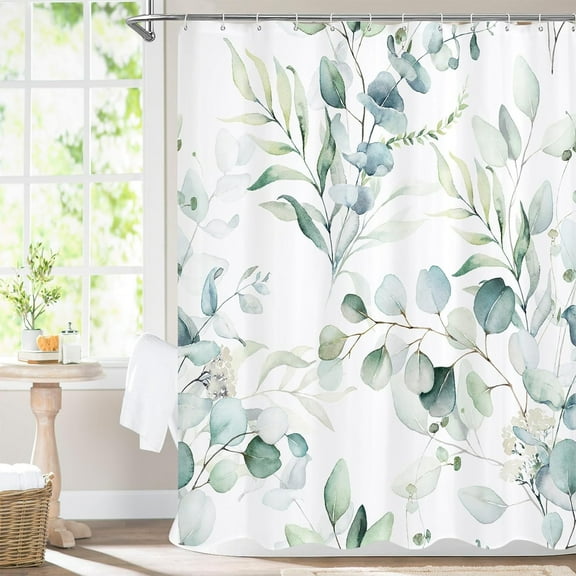 SNGMN Green Floral Shower Curtain - Botanical Fabric Watercolor Eucalypt with 12 Hooks for Elegant Bathroom Decor