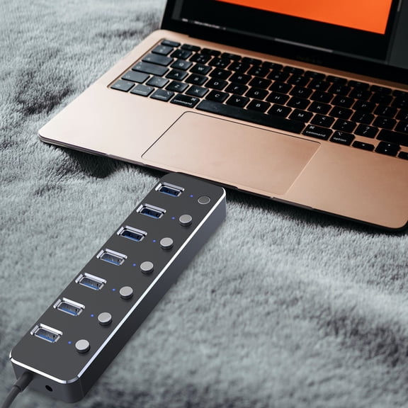 SNGMN High Speed 7 Port USB Hub 3.0 with Independent Button One Pull USB Cable Splitter Docking Station Plug and Play Supports Hot Swapping 5Gbps Transmission Speed