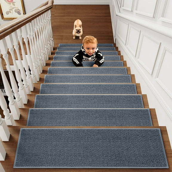 SNGMN Non-Slip Stair Treads - 4 Pack Washable Indoor Mats with Rubber Backing for Wooden Steps - Pet and Kid Friendly Stair Rugs