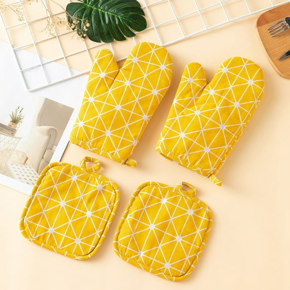 SNGMN Oven Gloves, Heat Resistant Kitchen Insulation Gloves, Thickened Cotton & Linen Baking Gloves for Grilling and BBQ, 17x10.24in, Green & Yellow