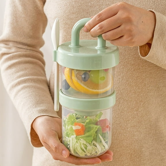 SNGMN Portable Double-Layer Breakfast Cup with Lid & Spoon, Plastic Yogurt/Salad Cup for Students, 24.2x10.5x11.2cm (9.53x4.13x4.41in), Pink/Yellow/Green