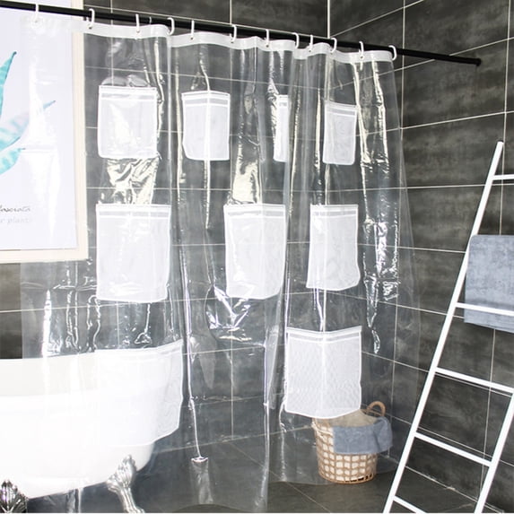 SNGMN Translucent Pocket Shower Curtain with 9 Mesh Pockets, Waterproof and Mold-Proof Thickened Bathroom Organizer
