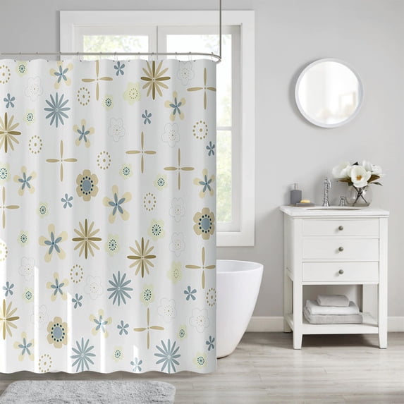 SNGMN Waterproof Plastic Shower Curtain with Hooks, Fish Pattern and Blue Flower Design, for Bathroom and Room Decoration