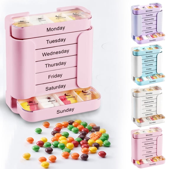 SNGMN Weekly Pill Organizer, 28-Compartment Portable Storage Box for Home and Travel, Pink 4.5 x 2 x 4.7"