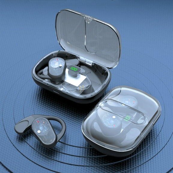 SNGMN Wireless Bluetooth Earphones With Bone Conduction, Rotatable Earloop, Digital Display, Semi Transparent Case