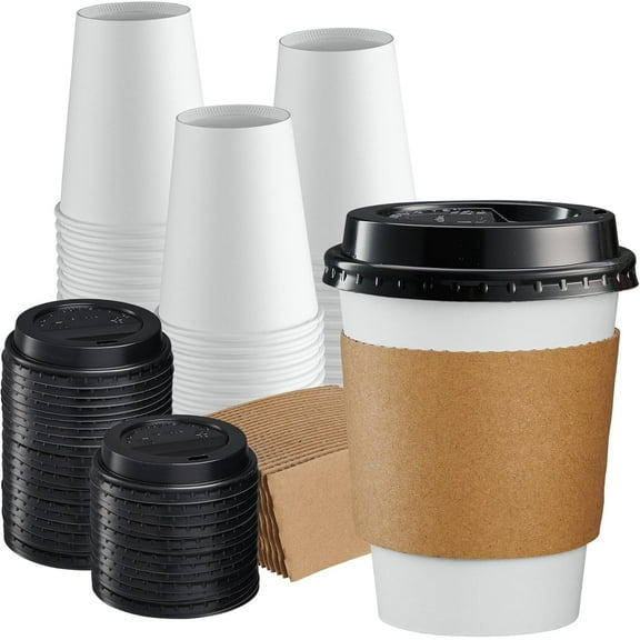 SNH Packing 100 Pack 16 oz Single Wall Disposable Coffee Cups with Lids and Sleeves – Leak-Proof Hot Beverage Cups, Eco-Friendly To Go Paper Cups, Sturdy, Insulated, Compostable White Coffee Cups