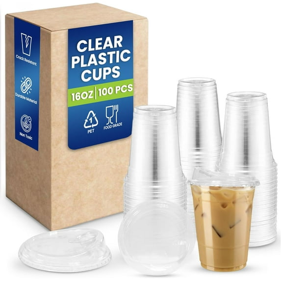 SNH Packing 100 Pack 16oz Plastic Cups with Lids | Clear Disposable Iced Coffee Cups with Strawless Sip Lids | PET Cold Drink Cups for Smoothies, Milkshakes, Party & Events | BPA-Free