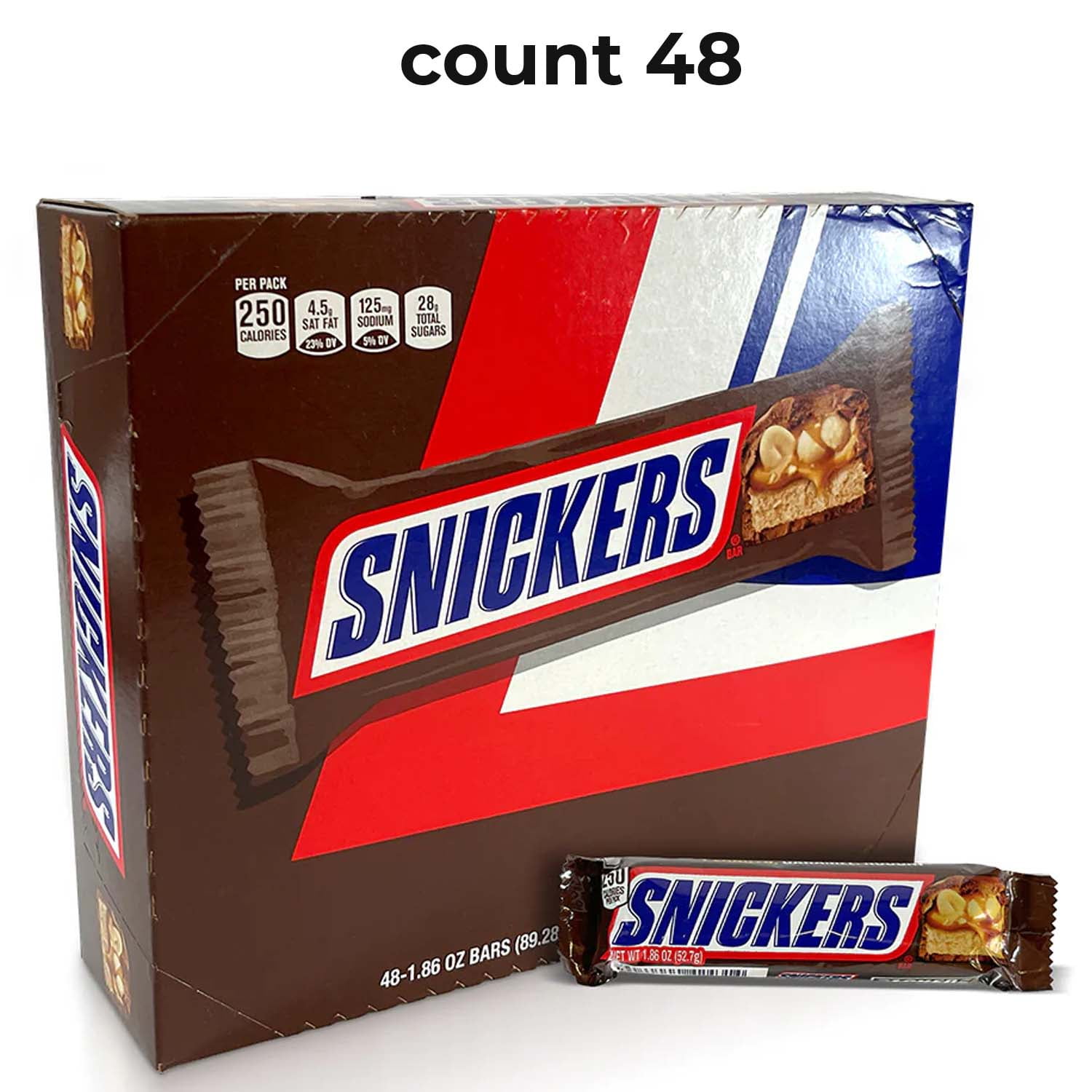 Snickers Fun Snack Chocolate Candy Bars, Full Box of 48 ct