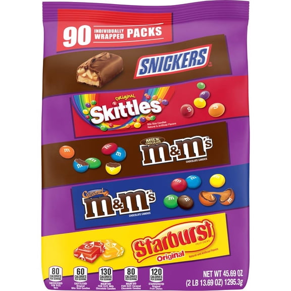 SNICKERS, M&M'S Milk Chocolate, M&M'S Caramel, SKITTLES & STARBURST Candy Variety Mix, 45.69-Ounce Bag, 90 Pieces