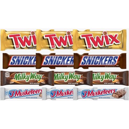 SNICKERS, TWIX, MILKY WAY & 3 MUSKETEERS Individually Wrapped Variety Pack Full Size Milk Chocolate Candy Bars Bulk Assortment, 12 Bars