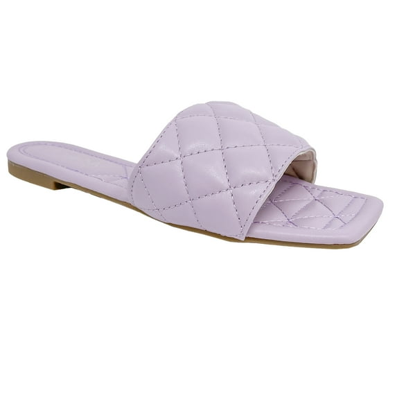 SNJ New Women's Braided Quilted Single Band Strap Flat Square Toe Open Slide Sandal