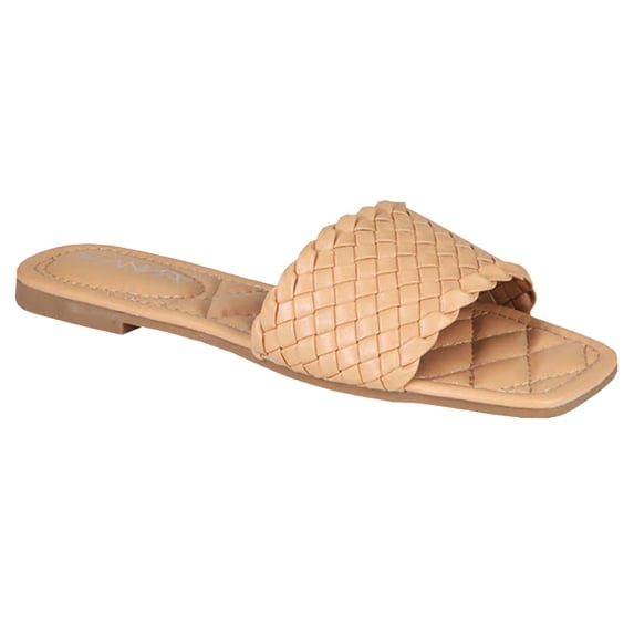 SNJ New Women's Braided Quilted Single Band Strap Flat Square Toe Open Slide Sandal