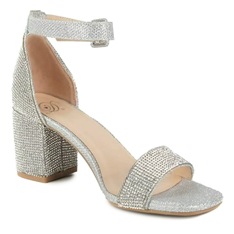 SNJ New Women's Crete Rhinestone Block Heel Ankle Strap Prom Dress