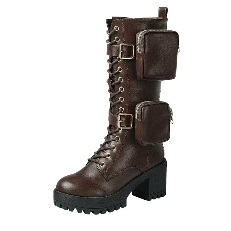 SNJ New Women s Pocket Combat Lace Up Platform Lug Sole Calf Chunky Block Heel Boot