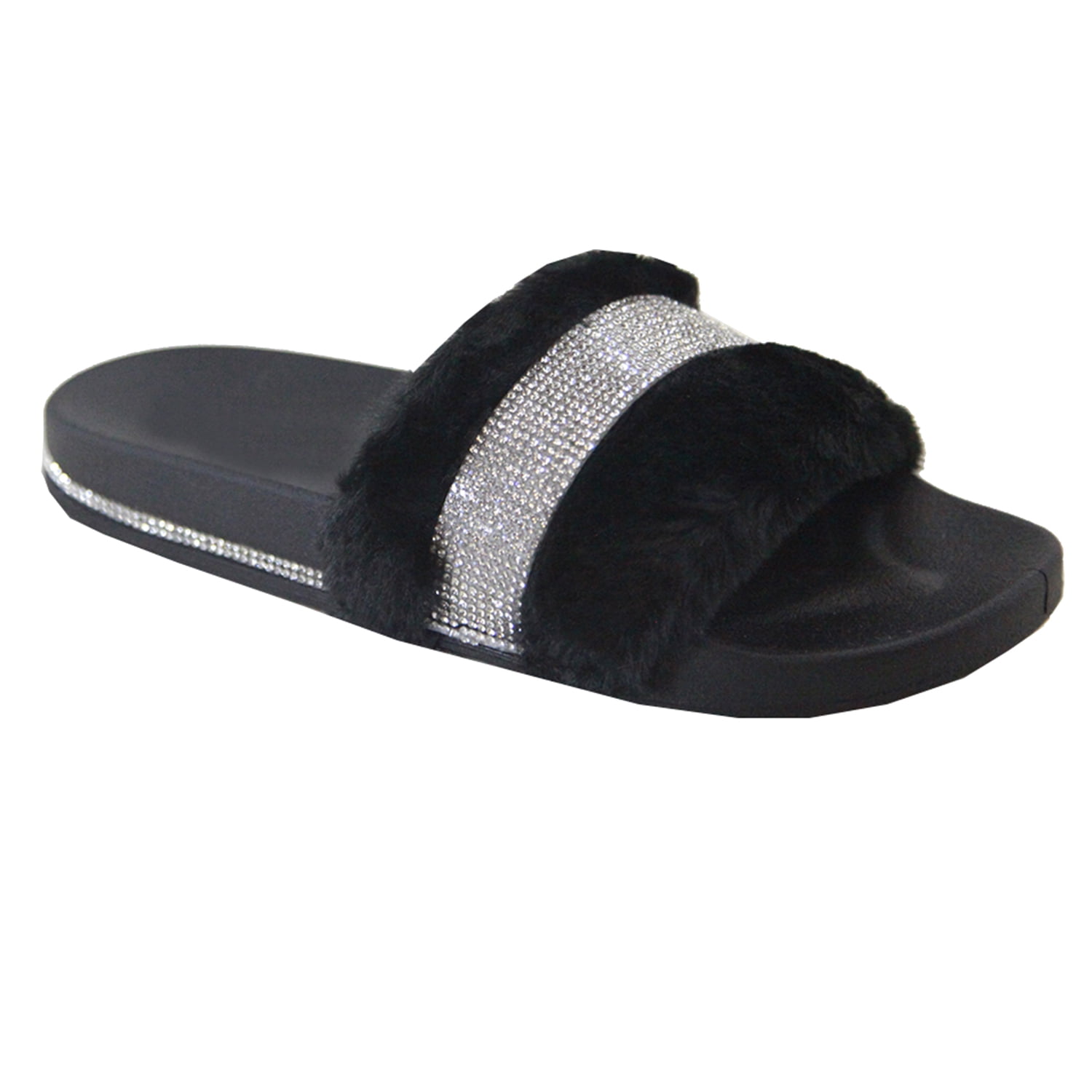  Trends SNJ Women's New Faux Fur Rhinestone Glitter Strap Slide  Fluffy Open Toe Flat Slipper | Slippers
