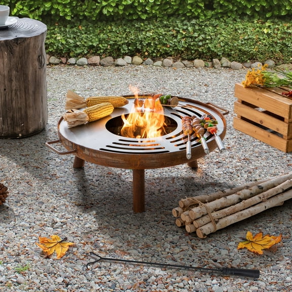 SUNJOY 28 Inch Fire Pit BBQ With Cooking Grill Outdoor Wood Burning,Metal Round FirePit Table for Backyard Patio Garden