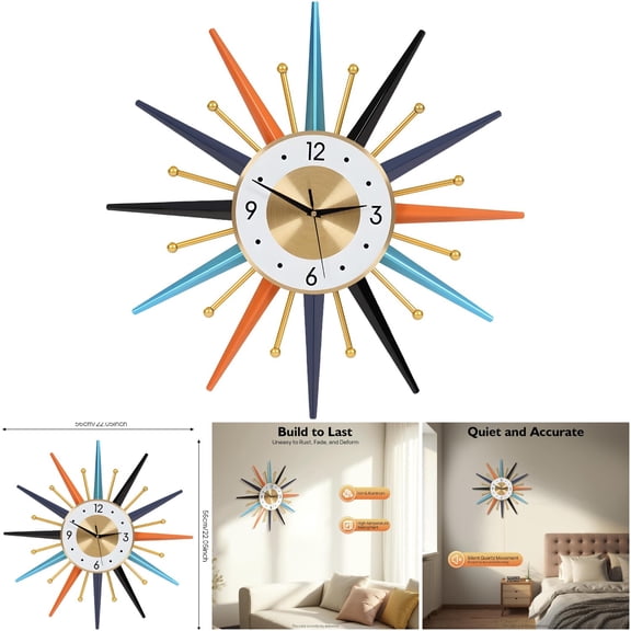 SNKOURIN 22 Inch Starburst Wall Clock, Metal Modern Decor Silent Non-Ticking Clock for Living Room
