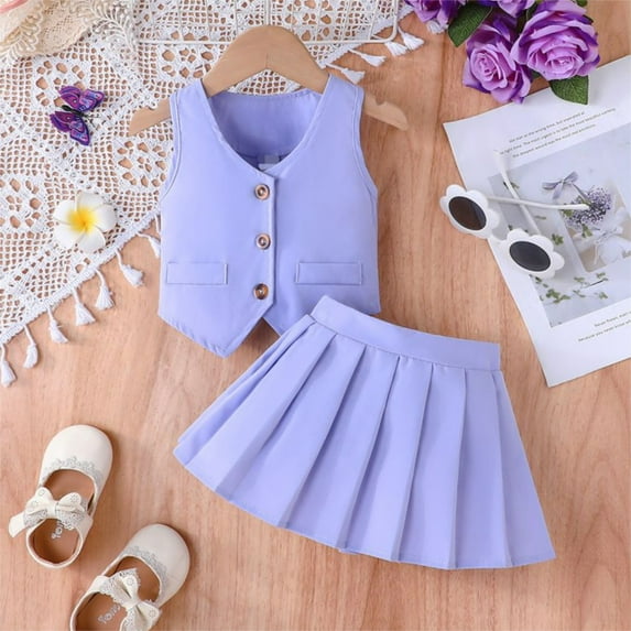 SNKSDGM 4Th of July Girls Clothes Size 5 Girls Summer Outfits Toddler V Neck Vest Top with Pleated Skirt Set Casual Playwear for 1 2 3 Year Old Baby Comfortable Elastic Waist 9-12 Months