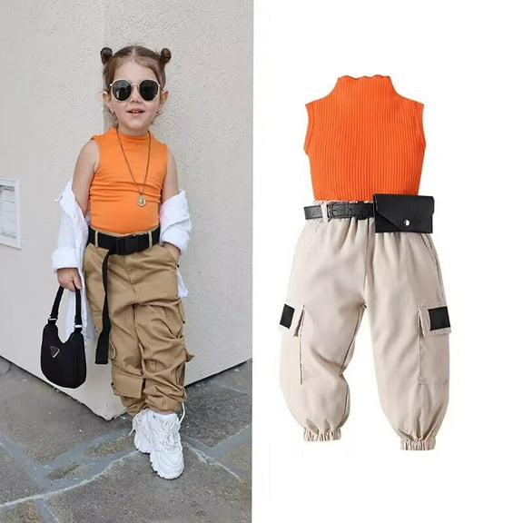 SNKSDGM 4Th of July Outfits for Girls 10-12 2Pcs Fashion Kids Toddler Baby Girl Sleeveless Ribbed Knitted Crop Top Casual Cargo Pants with Belt Summer Outfits Set 2-3 Years