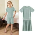 thumbnail image 1 of SNKSDGM 4Th of July Short Sets for Girls Girls Summer Outfits 2 15 Years Ice Silk Round Neck Short Sleeve Shorts Set Casual Comfortable Loungewear Elastic Waist Playwear Toddler Kids Clothing, 1 of 4