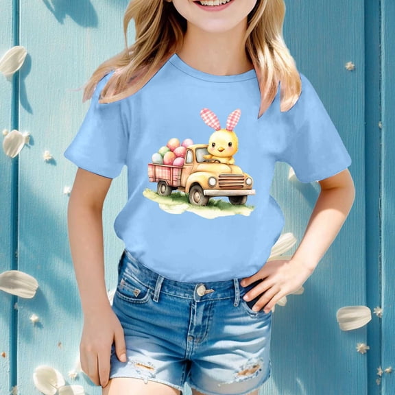 SNKSDGM 4Th of July Toddler Girls Graphic Tees Easter Girls Short Sleeve Printed T Shirt Top Casual Shirt White T Shirts for Kids 4T 12-13 Years