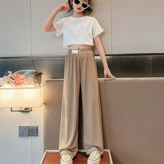 SNKSDGM Anniversary Girls Corduroy Pants High Waist Wide Leg Casual Trousers with Pockets Soft Comfortable Ribbed Knit Long Bottoms for Kids