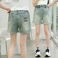 thumbnail image 1 of SNKSDGM Anniversary Girls Denim Shorts Elastic Waist Casual Summer Jorts for Kids Comfortable Stretch Jean Shorts Playful Ripped Hem Design, 1 of 8
