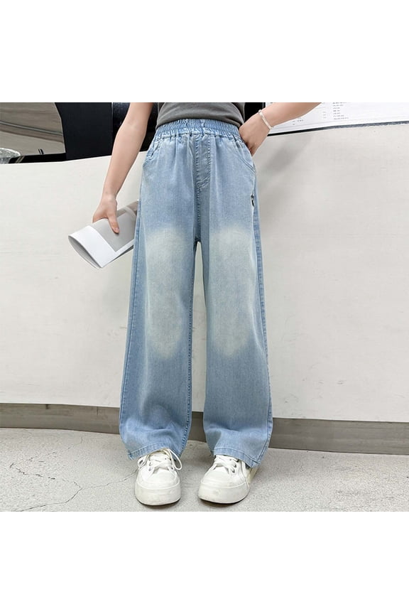 Anniversary Girls Summer Ice Silk Pants Wide Leg Denim Casual Comfortable Elastic Waist Soft Breathable Lightweight Stylish Trendy Outfit