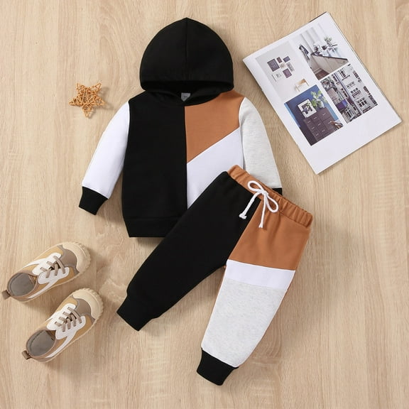 SNKSDGM Baby Boy Clothes 18-24 Months Pajamas July 4Th Toddler Boys Long Sleeve Patchwork Color Hooded Tops Pants Two Piece Casual Sports Outfits Set for Kids Clothes 12-18 Months