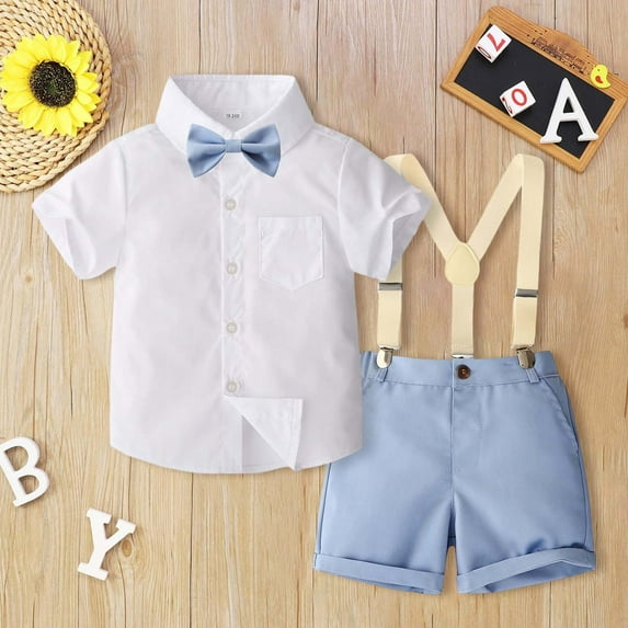 SNKSDGM Baby Boy Clothes 6-9 Months Romper July 4 Boys' Gentleman Solid Color Shirt & Suspenders Set | Summer Formal Suit for Kids | Stage & Party Outfit 18-24 Months