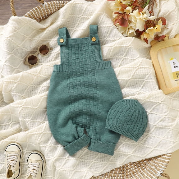 SNKSDGM Baby Boy Rompers 12-18 Months Organic Baby Knitted Romper Sleeveless Sweater Outfit Overalls for Boy and Girls with Warm Hat Set 12-18 Months