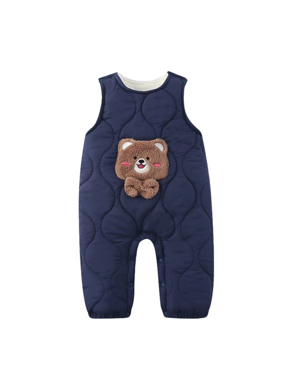 Baby Winter Quilted Sleeveless Overalls, Cute 3D Bear Applique Thick Cotton Warm Jumpsuit for Toddler Boys Girls Navy 3-6 Months