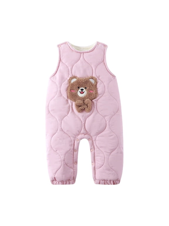 Baby Winter Quilted Sleeveless Overalls, Cute 3D Bear Applique Thick Cotton Warm Jumpsuit for Toddler Boys Girls Pink 3-6 Months